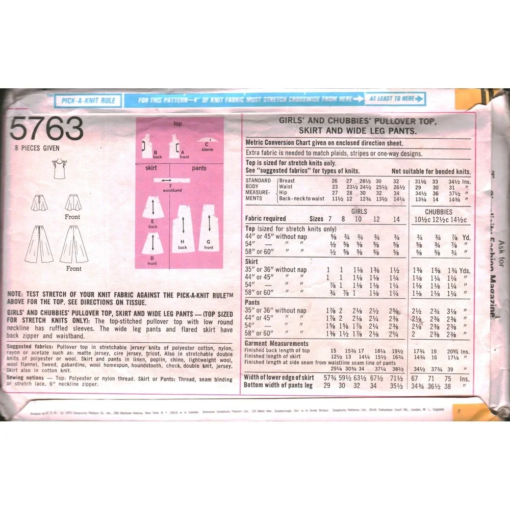 Vintage Simplicity 5763 Girl Top Skirt Wide Leg Pants Sewing Pattern Size 14 CUT